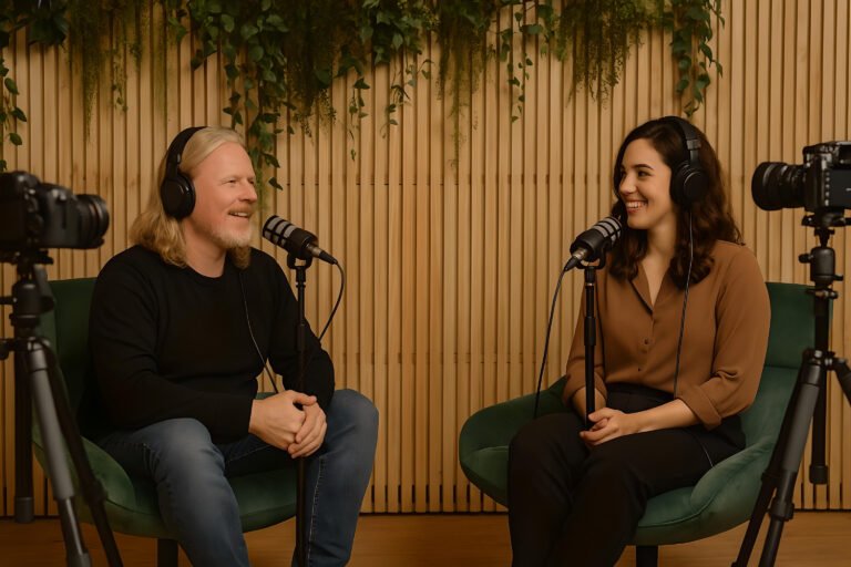 Podcast man en vrouw groene stoel en 2 camera